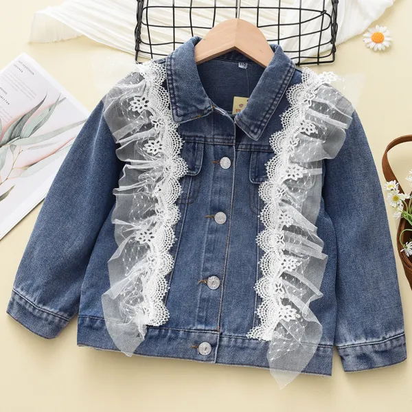 【18M-8Y】Girls Fashion Lace Ruffle Blue Denim Jacket - Thefolls.com 