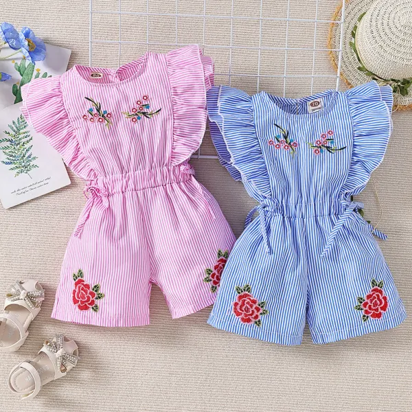 【6M-5Y】Girl Cute Striped Floral Embroidery Ruffle Sleeveless Jumpsuit - Thefolls.com 