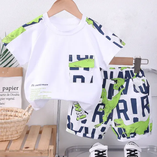 【12M-4Y】2-piece Boys Casual Dinosaur Print Short-sleeved T-shirt And Shorts Set - Thefolls.com 