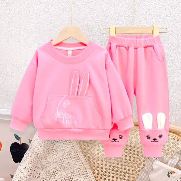 【18M-6Y】2-piece Girls Cute Cotton Rabbit Embroidery Ear Pocket Round Neck Sweatshirt And Pants Set - Thefolls.com 