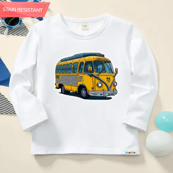 【12M-9Y】Boys Cotton Stain Resistant Bus Print Long Sleeve Tee - Thefolls.com 