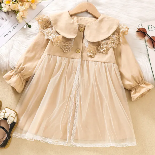 【18M-8Y】Girls Elegant Floral Embroidered Collar Khaki Dress Trench Coat - Thefolls.com 