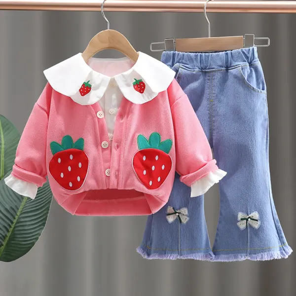 【12M-5Y】3-piece Girl Cute White Doll Collar Shirt Strawberry Pocket Coat And Flared Denim Pants Set - Delovelybug.com 