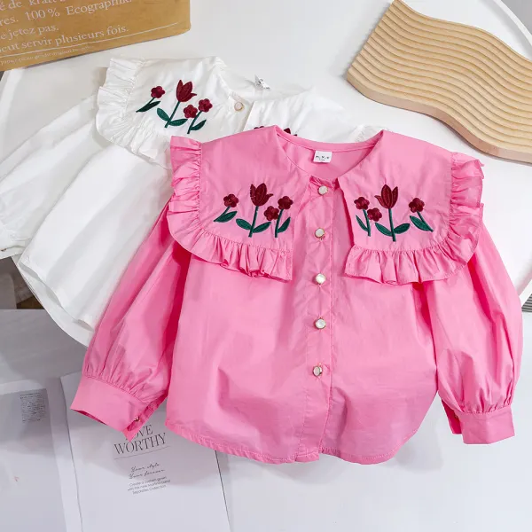 【12M-6Y】Girl Sweet Floral Embroidery Ruffle Peter Pan Collar Long Sleeve Shirt - Thefolls.com 