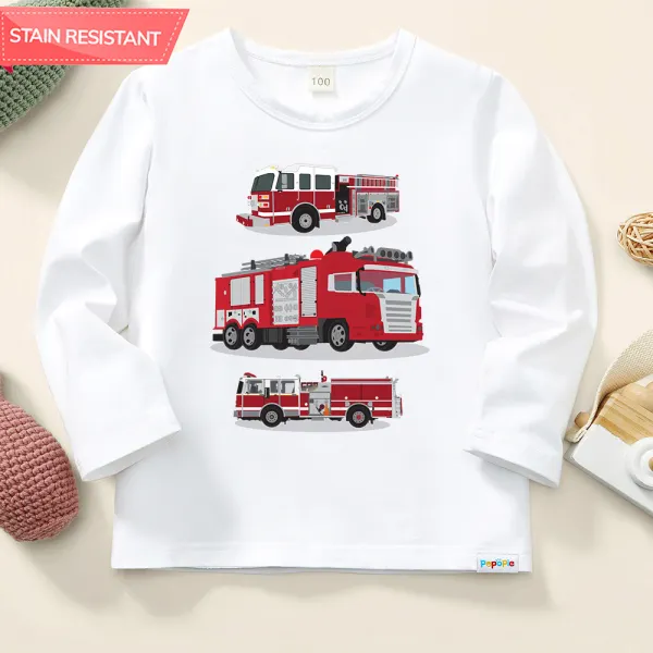 【12M-9Y】Boys Fire Engines Print Cotton Stain Resistant Long Sleeve T-shirt - Thefolls.com 