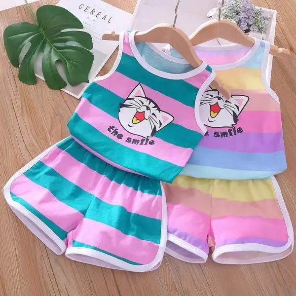 【12M-9Y】Girl Summer Cute Cotton Colorful Striped Cat Print Sleeveless Tank Top And Shorts Set - 34379 - Thefolls.com 