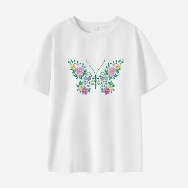 Women Cotton Stain Resistant Butterfly Print Short Sleeve T-shirt - Thefolls.com 