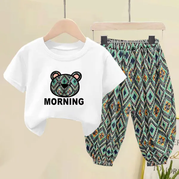 【18M-9Y】2-piece Unisex Kids Bear Print Short-sleeved T-shirt And Pants Set - Thefolls.com 