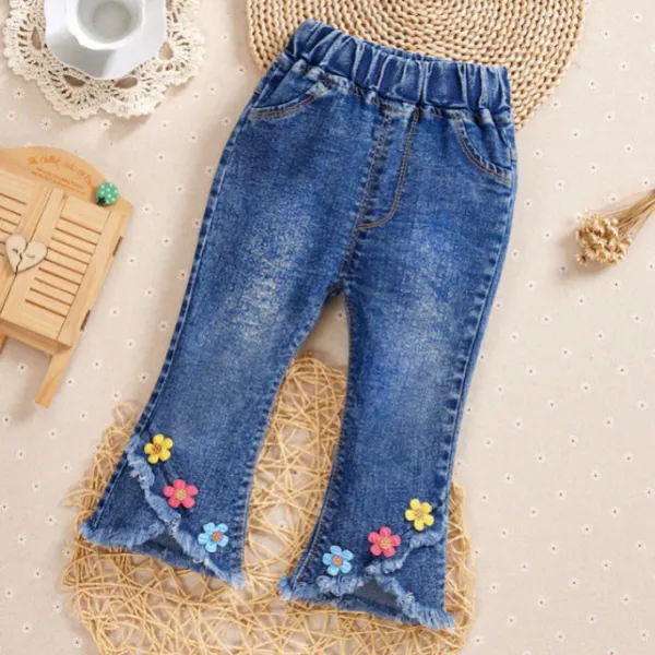 【6M-9Y】Girl Sweet Flowers And Fringed Blue Jeans - Thefolls.com 