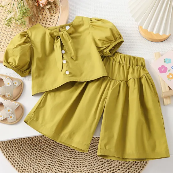 【12M-7Y】2-piece Girls Fashionable Puff Sleeve Top And Loose Pants Set - 34380 - Thefolls.com 