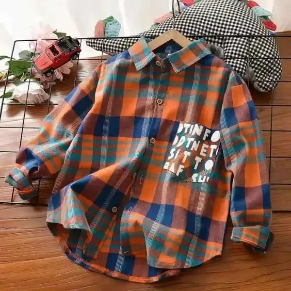 【3Y-12Y】Boy Casual Plaid Letter Print Long Sleeve Shirt - Thefolls.com 