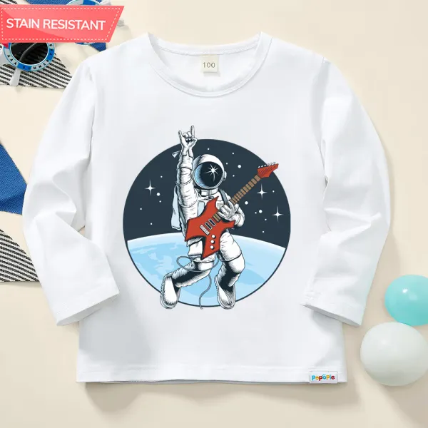 【12M-9Y】Boy Casual Astronaut Print Cotton Stain Resistant White Long Sleeve T-shirt - Thefolls.com 