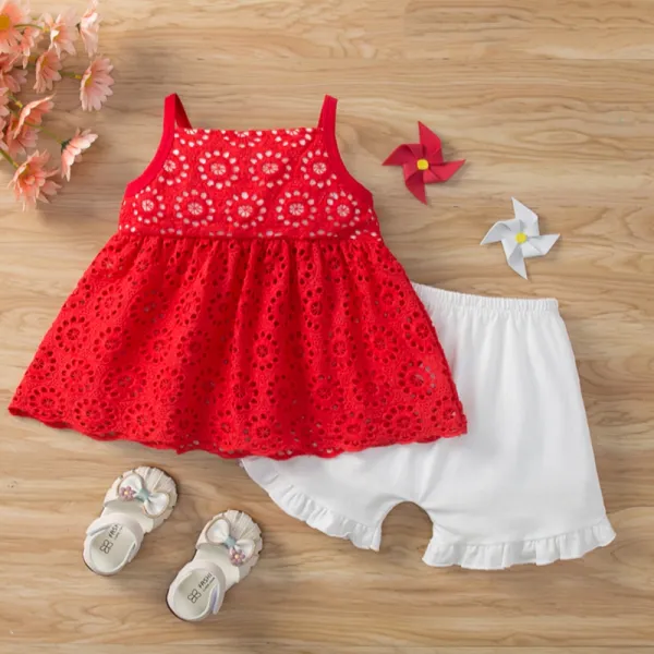 【9M-4Y】2-piece Baby Girl Red Lace Top And Shorts Set - Thefolls.com 