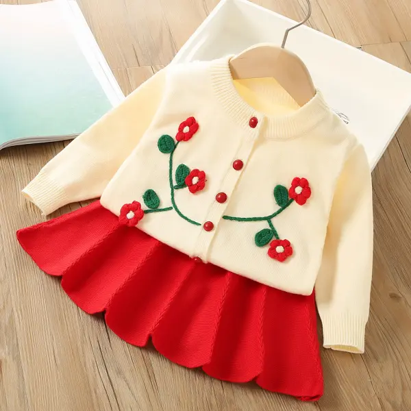 【18M-6Y】2-piece Girls Sweet Floral Embroidered Sweater Cardigan And Skirt Set - Thefolls.com 