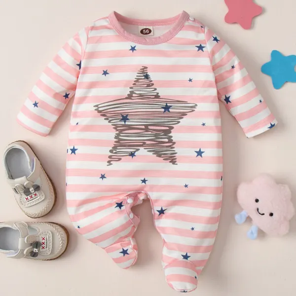 【0M-12M】Baby Girl Pink Striped Star Print Long Sleeve Romper - Thefolls.com 