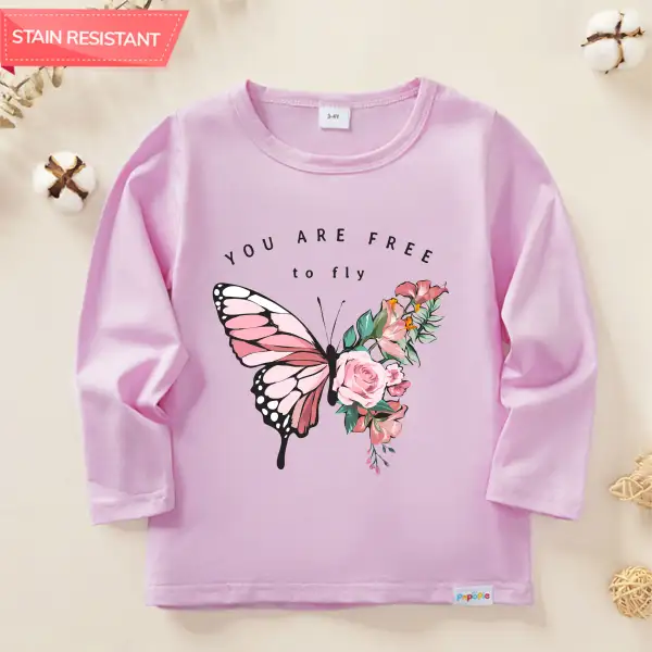 【12M-9Y】Girl Cotton Stain Resistant Butterfly Letter Print Lone Sleeve T-shirt - Thefolls.com 