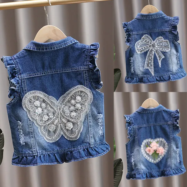 【18M-8Y】Girl Cute Butterfly Heart Bowknot Embroidered Ruffle Lapel Denim Vest Jacket - Thefolls.com 