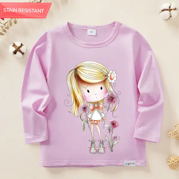 【12M-9Y】Girl Cute Beautiful Girl Print Cotton Stain Resistant Long Sleeve T-shirt - Thefolls.com 