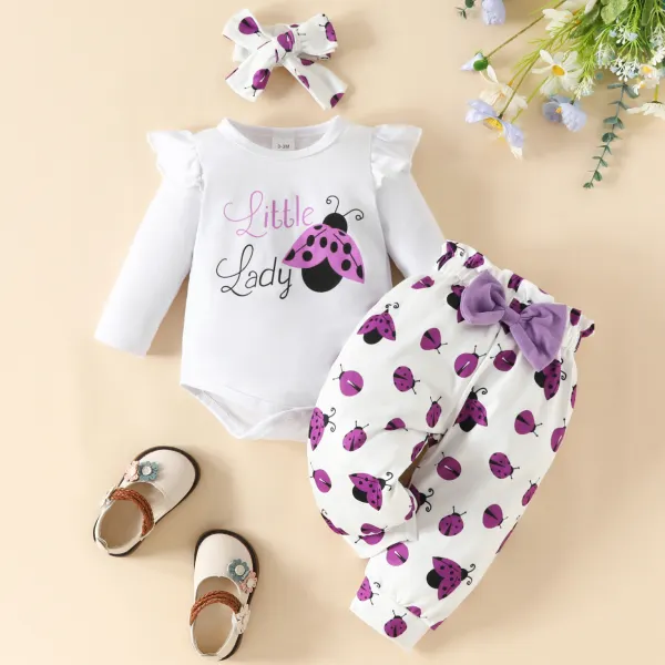 【0M-18M】3-piece Baby Girls Cute Letter And Ladybug Print Romper And Pants Set With Hair Band - Thefolls.com 