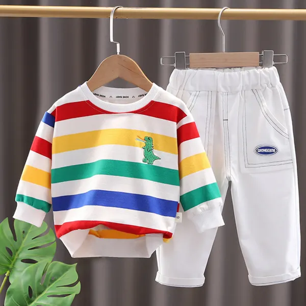 【12M-5Y】2-piece Boy Casual Rainbow Stripe Dinosaur Embroidered Sweatshirt And Pants Set - Thefolls.com 