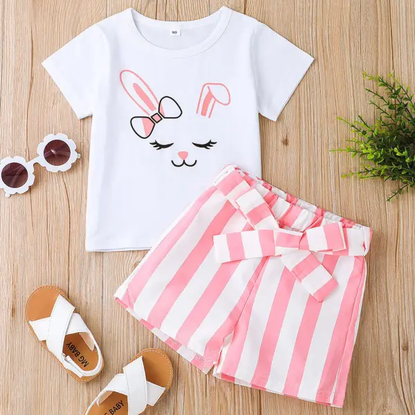 【2Y-8Y】2-piece Girls Bunny Print Short-sleeved T-shirt And Striped Shorts Set - Thefolls.com 