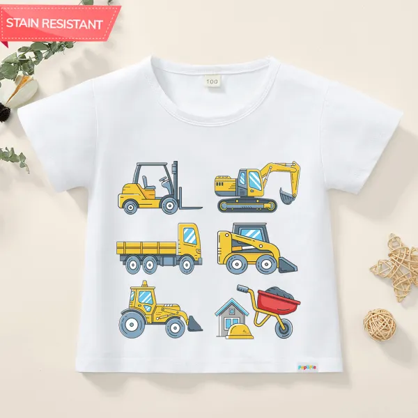 【12M-9Y】Boys Excavator And Truck Print Cotton Stain Resistant Short Sleeve T-shirt - Thefolls.com 