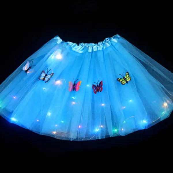 【18M-7Y】Girl Three-Dimensional Butterfly Embroidery LED Glowing Mesh Skirt - Thefolls.com 