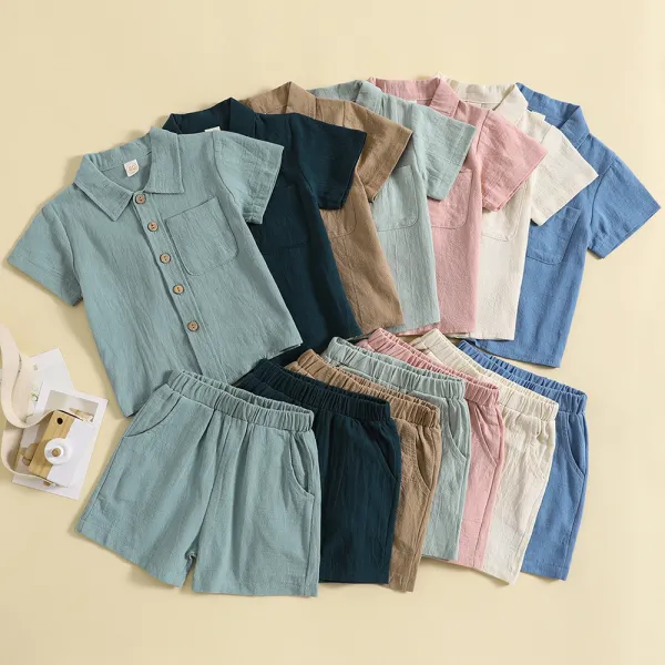 【12M-5Y】Boy Casual Cotton&Linen Solid Color Lapel Long Sleeve Shirt And Shorts Set - Thefolls.com 