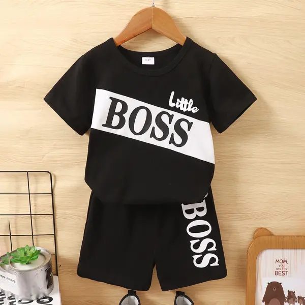 【18M-6Y】2-piece Boy Casual Cotton Letter Print Colorblock Short Sleeve T-shirt And Shorts Set - Thefolls.com 