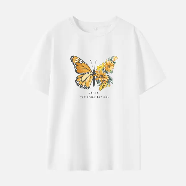 Women Cotton Stain Resistant Butterflies And Flowers Print Short Sleeve T-shirt - Thefolls.com 