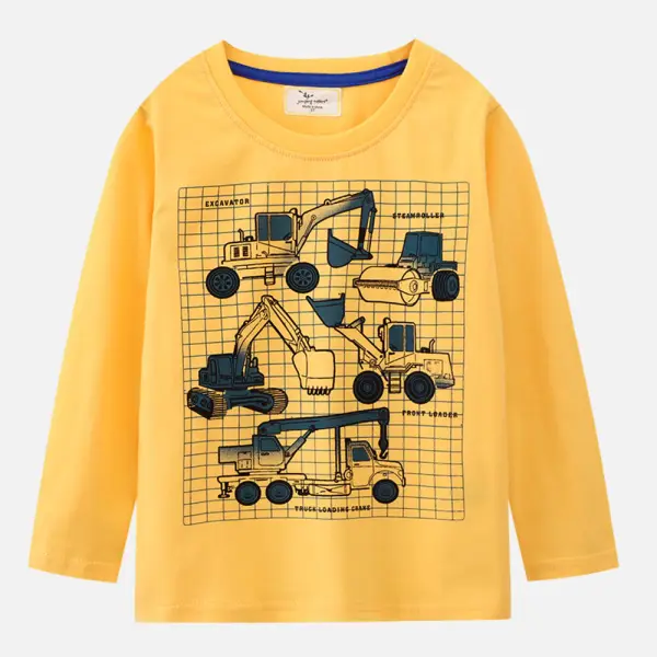 【18M-7Y】Boys Yellow Digger Print Round Neck Long Sleeve T-shirt - Thefolls.com 