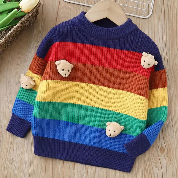 【18M-6Y】Unisex Kids Rainbow Striped Bear Decorated Long Sleeve Sweater - Thefolls.com 