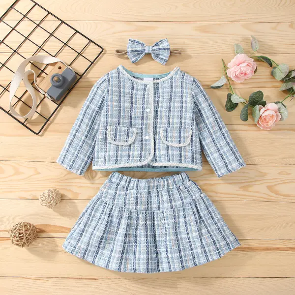 【3M-3Y】Girls 3-piece Elegant Plaid Jacket Short Skirt With Hairband Set - Thefolls.com 