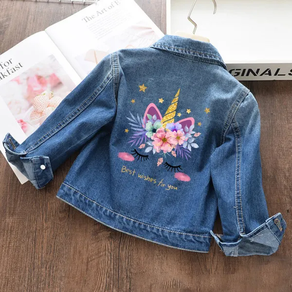 【18M-11Y】Girls Fashion Unicorn Print Blue Denim Jacket - Thefolls.com 