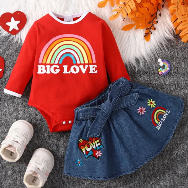 【0M-18M】2-piece Baby Girl Red Rainbow Print Long Sleeve Romper And Denim Skirt Set - Thefolls.com 