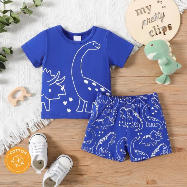 【3M-24M】Baby Boy Cute Cotton Blue Look Dinosaur Print Short Sleeve T-shirt And Shorts Set - Thefolls.com 