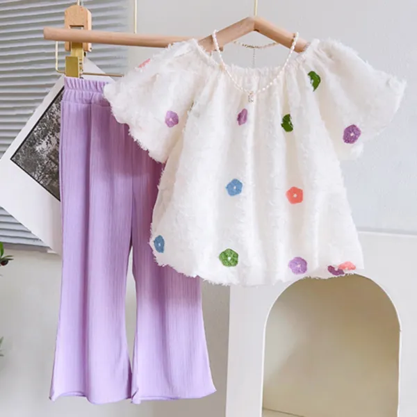 【18M-9Y】Girl Sweet Chiffon Colorful Flower Off Shoulder Puff Sleeve Top And Purple Wide Leg Pants Set - 34389 - Thefolls.com 