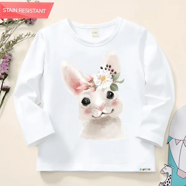 【12M-9Y】Girls Cotton Stain Resistant Bunny Pattern Long Sleeve Tee - 7184 - Thefolls.com 