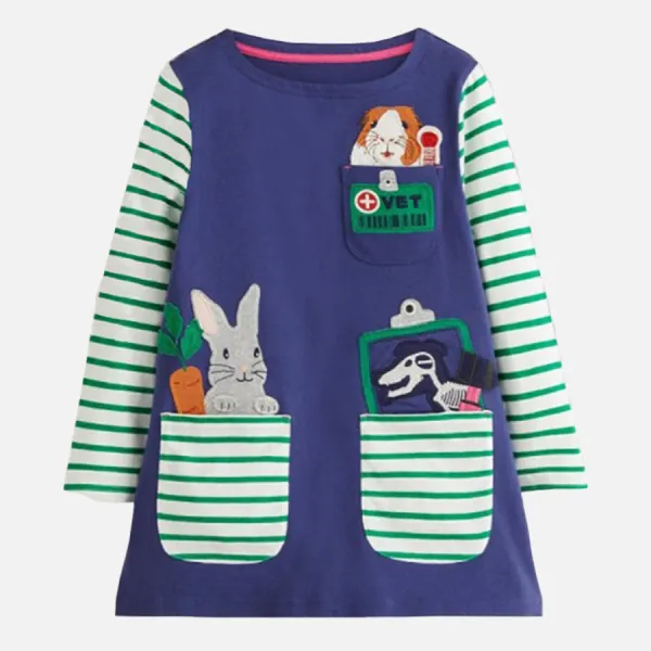 【12M-7Y】Girl Cute Cartoon Rabbit Embroidered Striped Stitching Long Sleeve Dress - Thefolls.com 