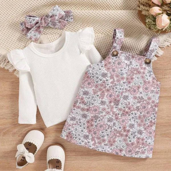 【6M-3Y】Baby Girl Cute Cotton White Ruffle Long Sleeve T-shirt And Floral Print Overalls Dress Set - Thefolls.com 