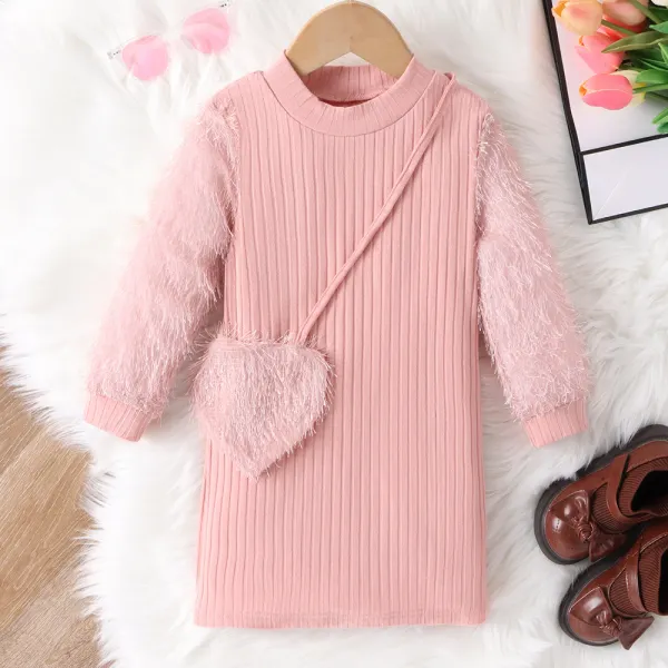 【3Y-7Y】2-piece Girl Sweet Pink Pit Strip Splicing Fur Sleeve Dress - Thefolls.com 