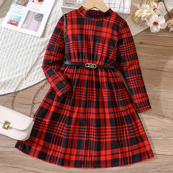 【4Y-10Y】Girls Plaid Long-sleeved Dress With Belts - Thefolls.com 