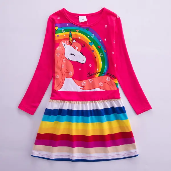 【3Y-8Y】Girls Rainbow Stripe Unicorn Print Long Sleeve Dress - Thefolls.com 