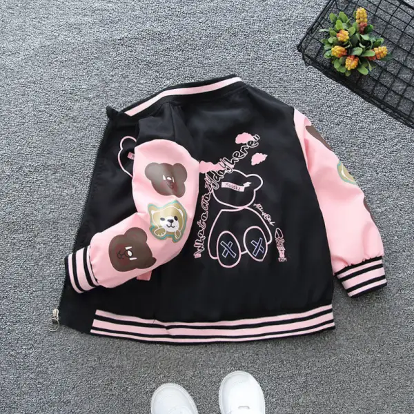 【18M-12Y】Girls Fashion Letter And Cartoon Bear Print Jacket - Thefolls.com 