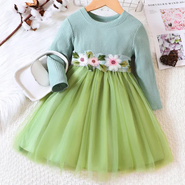 【18M-6Y】Girls Fashion Floral Embroidery Round Neck Long Sleeve Mesh Dresses - Thefolls.com 