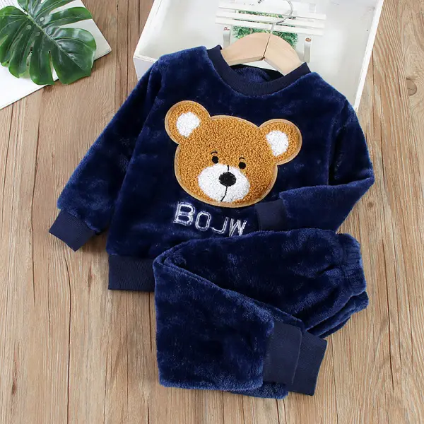 【12M-6Y】2-Piece Unisex Cute Warm Bear Embroidered Round Neck Pajamas Set - Thefolls.com 