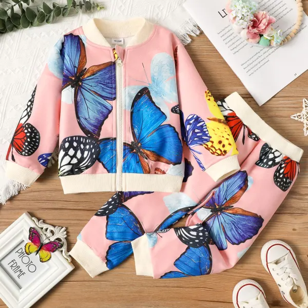 【18M-6Y】2-Piece Girl Casual Colorful Butterfly Print Baseball Jacket And Pants Set - Thefolls.com 