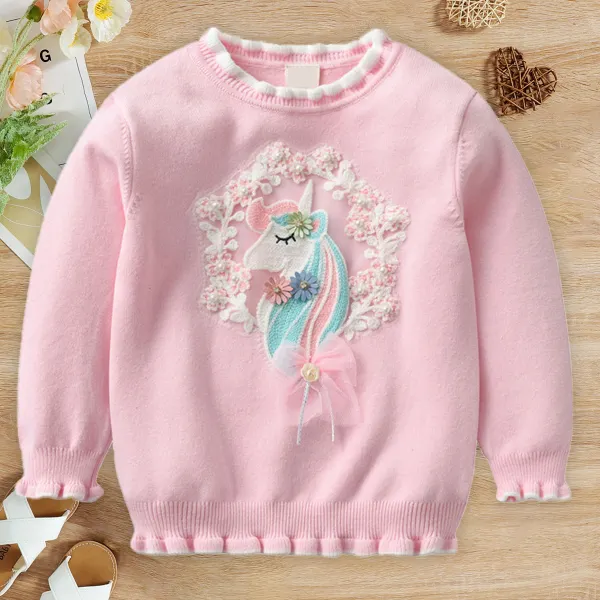 【2Y-8Y】Girl Sweet Cotton Unicorn Floral Embroidery Ruffle Round Neck Sweater - Thefolls.com 