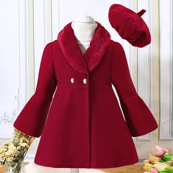 【18M-6Y】2-Piece Girl Elegant Christmas And New Year Red Tweed Keep Warm Plush Stitching Collar Bell Sleeve Coat With Hoo - Delovelybug.com 