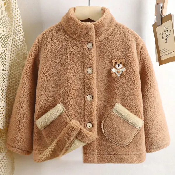 【2Y-10Y】Unisex Kids Brown Bear Embroidered Thick Flannel Jacket - Thefolls.com 